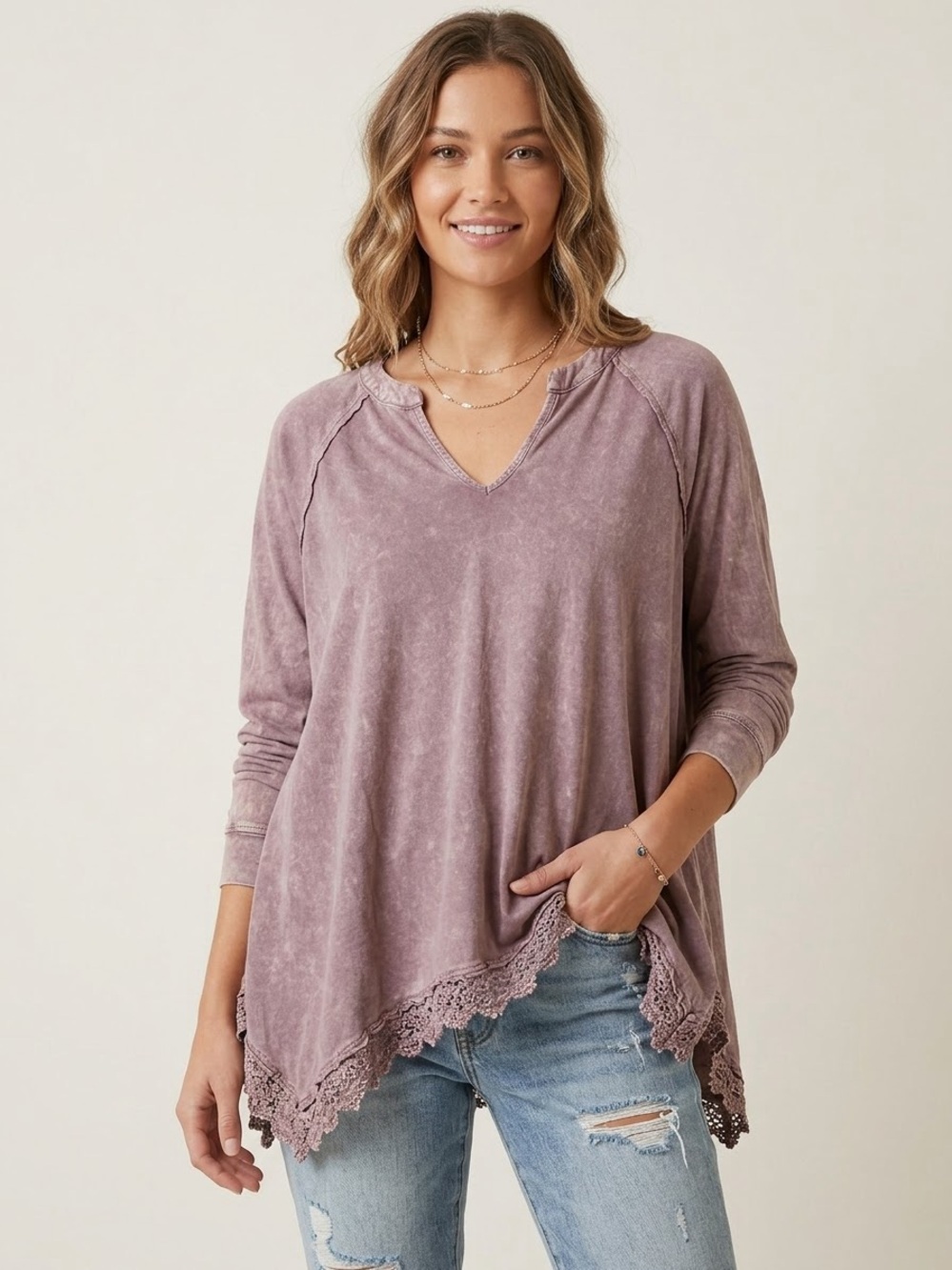 Altar'd State Mauve Lace-Hem Notch-Neck Long Sleeve Tunic